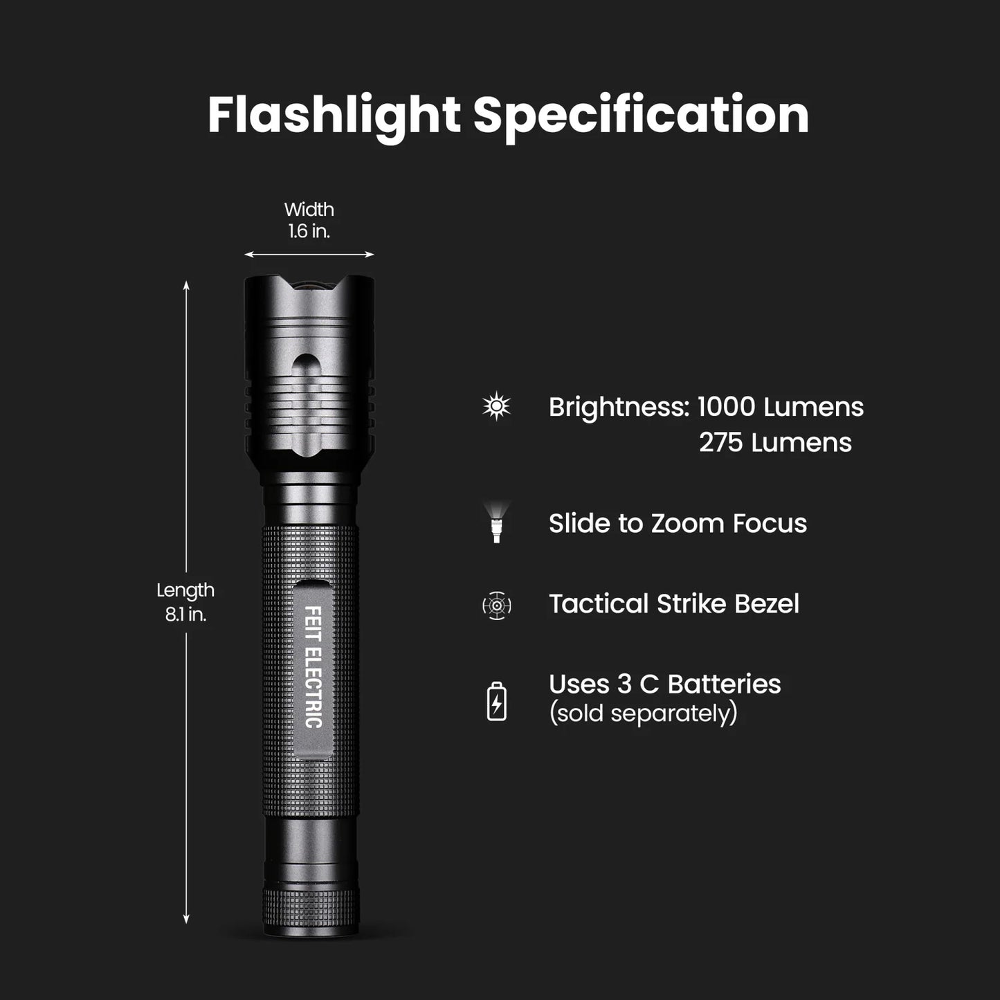 Lampara Tactica Led, Linterna con 2 Intensidades y 2 Angulos FL1000 Feit