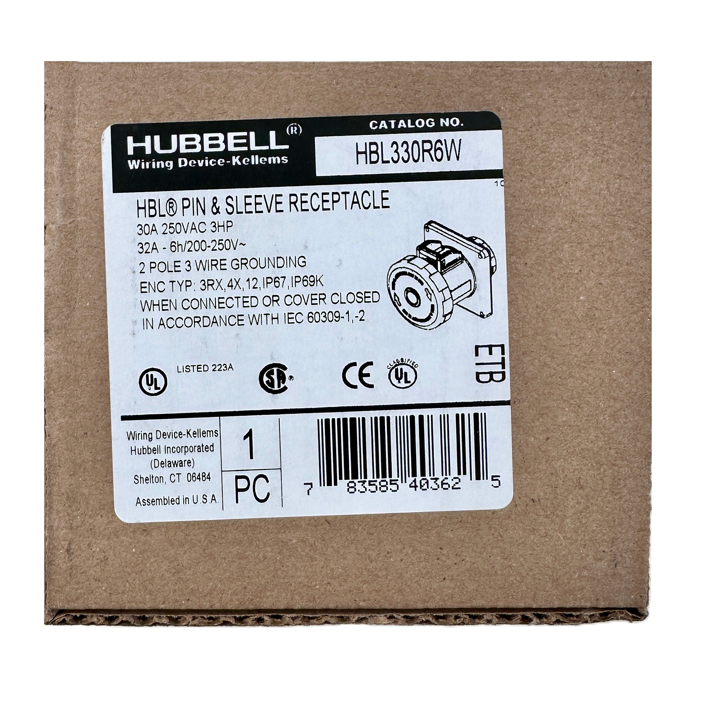 Conector Receptaculo Pin and Sleeve Chasis Hembra 30a 250v HBL330R6W Hubbell