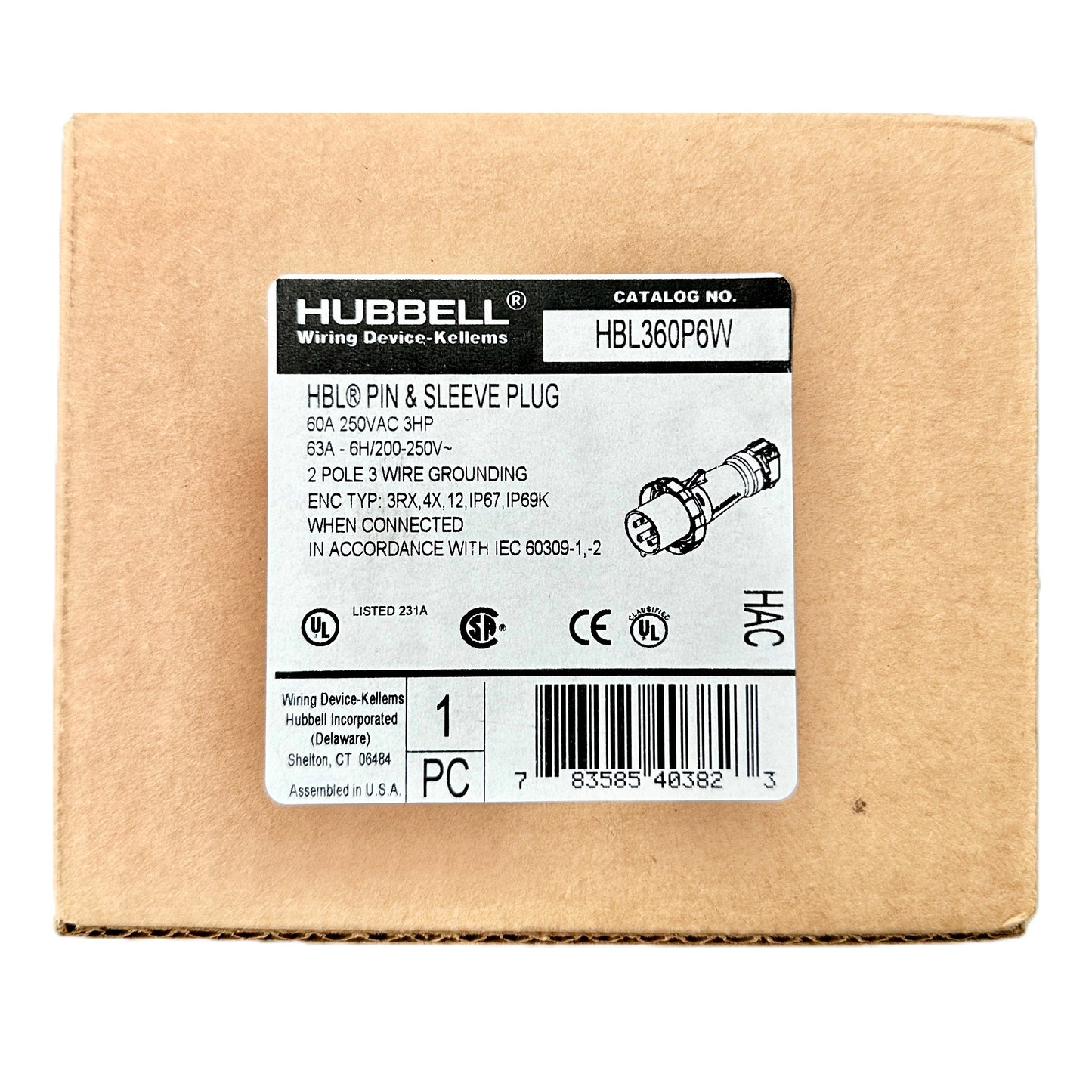 Conector Clavija Pin and Sleeve Linea Macho 60a 250v HBL360P6W Hubbell