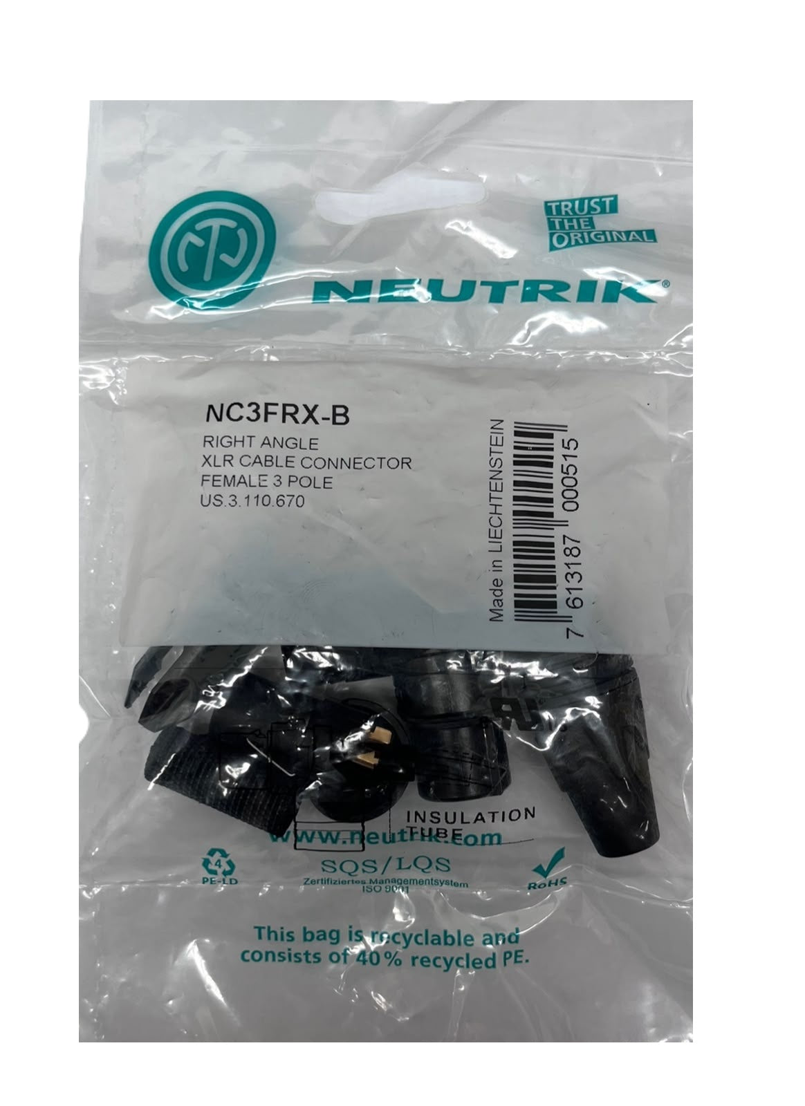 Conector Xlr 3 Pin Hembra Linea Angular Negro Oro NC3FRX-B Neutrik