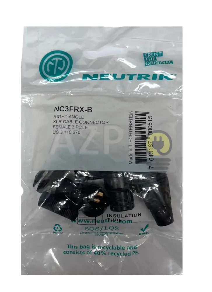 Conector Xlr 3 Pin Hembra Linea Angular Negro Oro NC3FRX-B Neutrik - Electrónica > Audio > Equipos para escenario