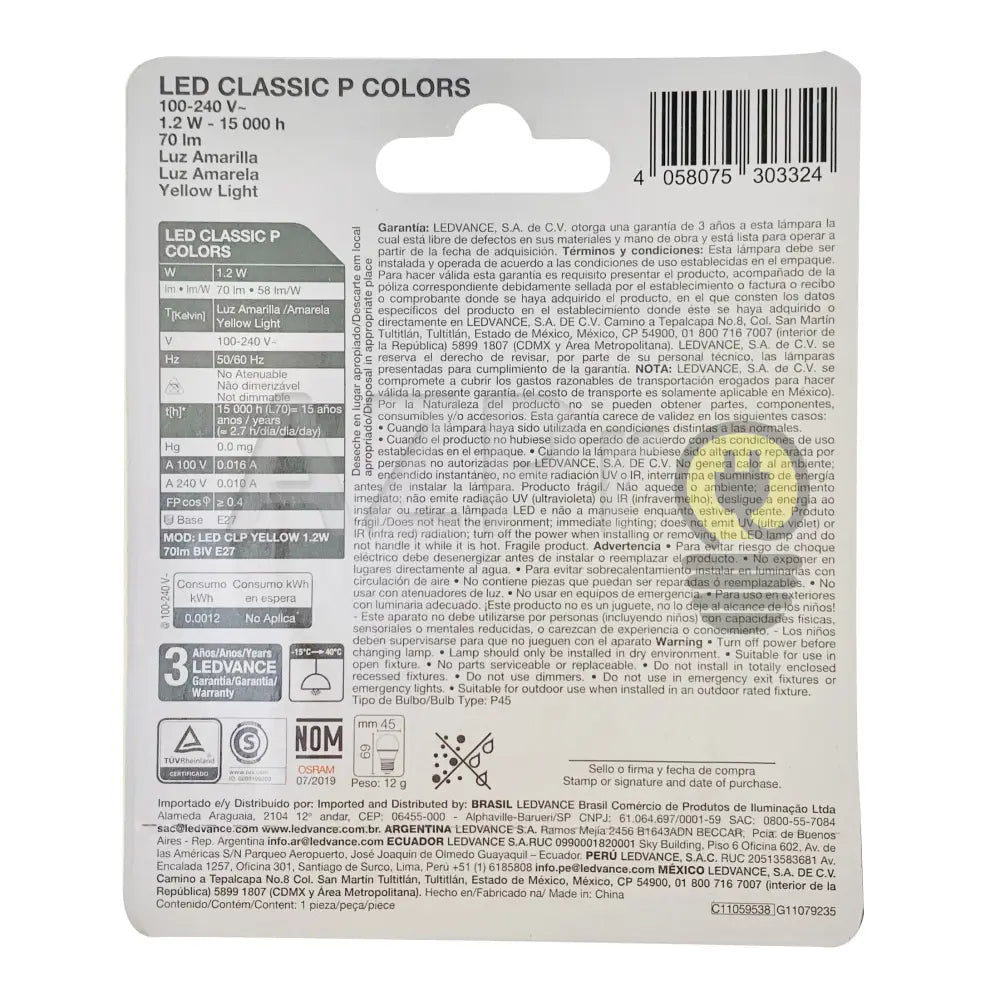 Foco Led Bulb 1.2W 120V E27 Classic P Decorativo Amarillo Osram Casa Y Jardín > Iluminación