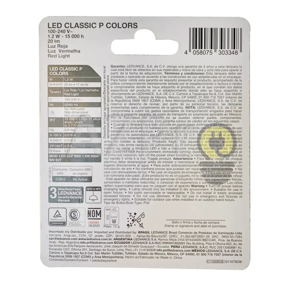 Foco Led Bulb 1.2W 120V E27 Classic P Decorativo Rojo Osram Casa Y Jardín > Iluminación Bombillas