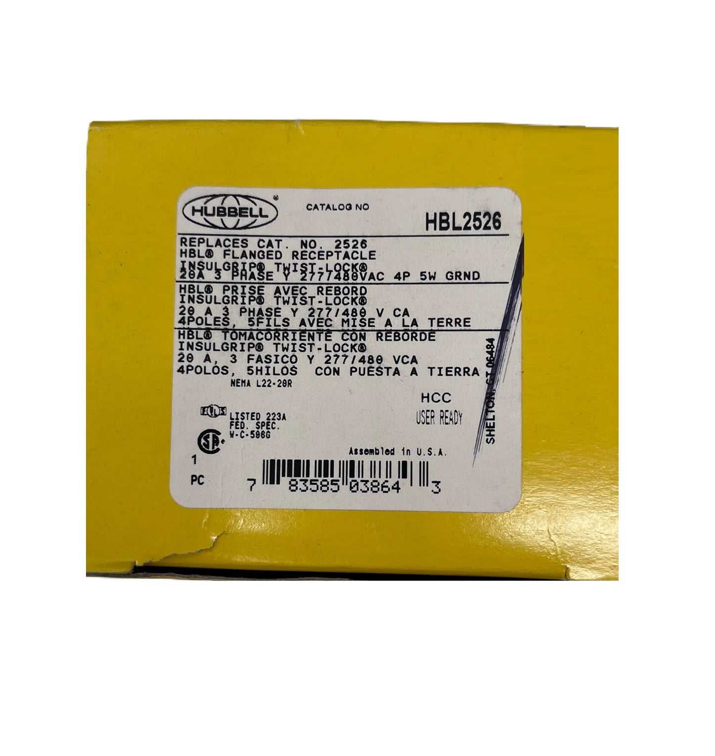 Conector Receptaculo Twist Lock Hembra 20a 277-480v L22-20R HBL2526 Hubbell