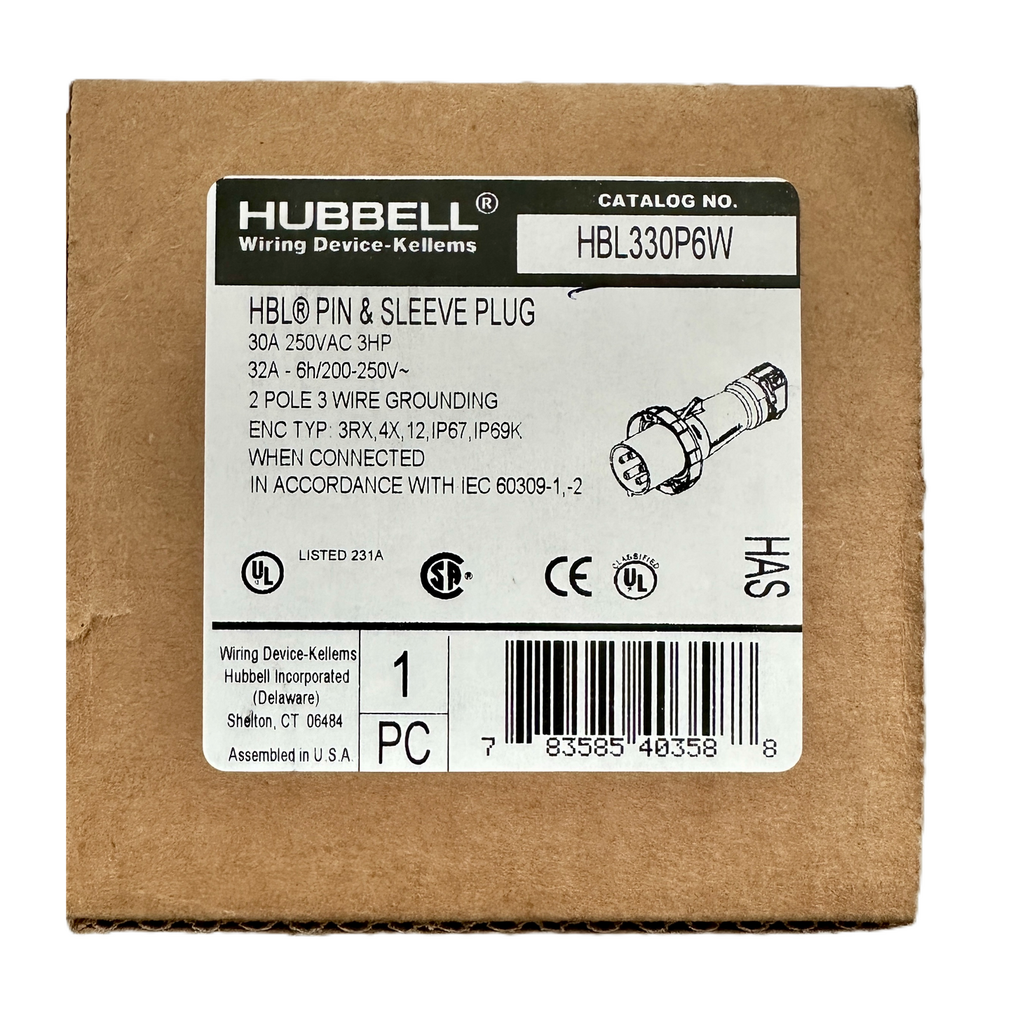 Conector Clavija Pin and Sleeve Linea Macho 30a 250v HBL330P6W Hubbell