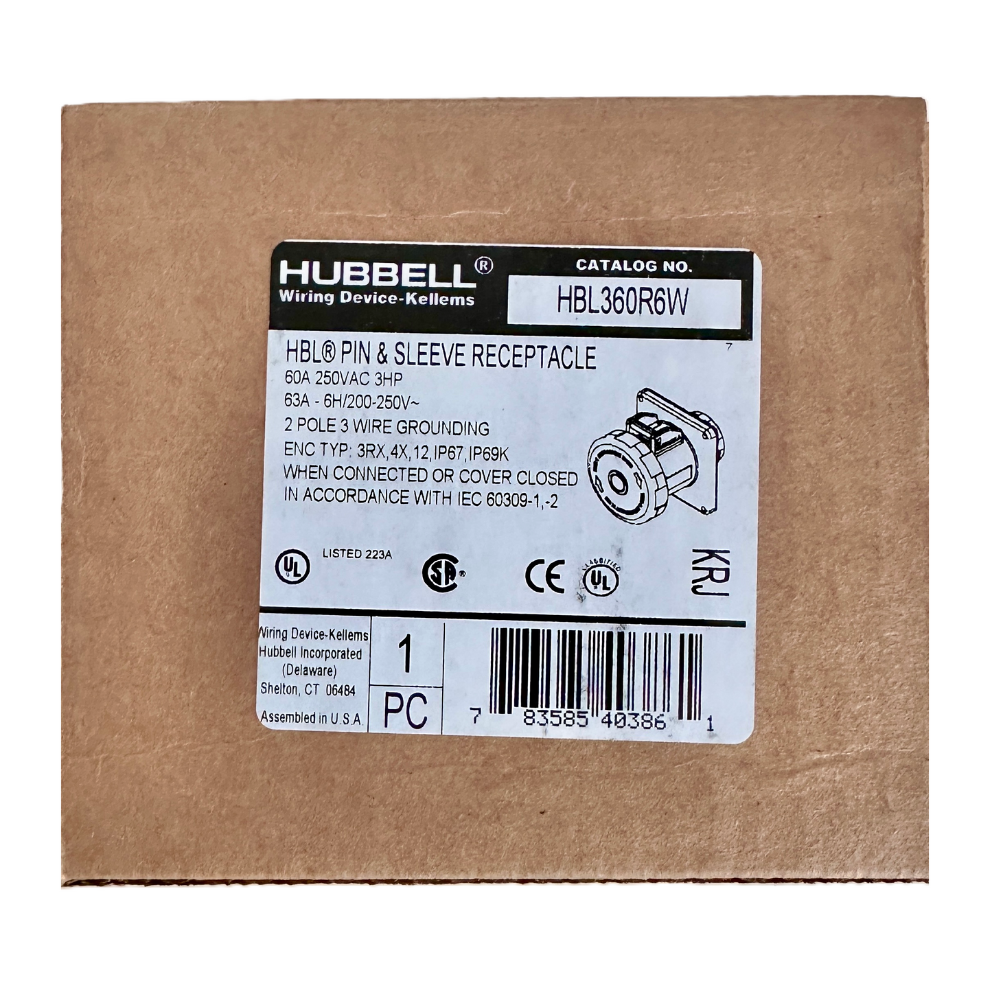 Conector Receptaculo Pin and Sleeve Chasis Hembra 60a 250v HBL360R6W Hubbell