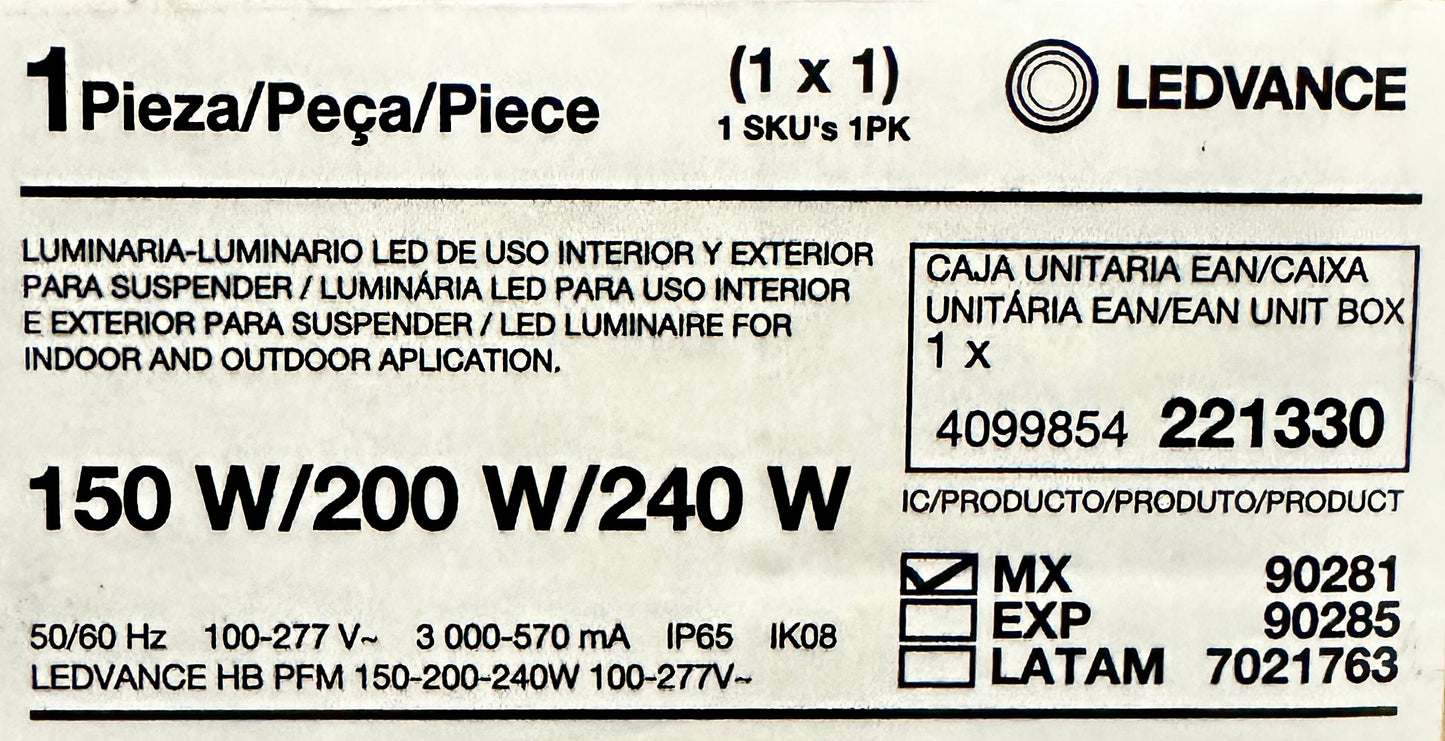 Led Highbay Selectable 150-200-240w, 4000-5000-6000k Ledvance