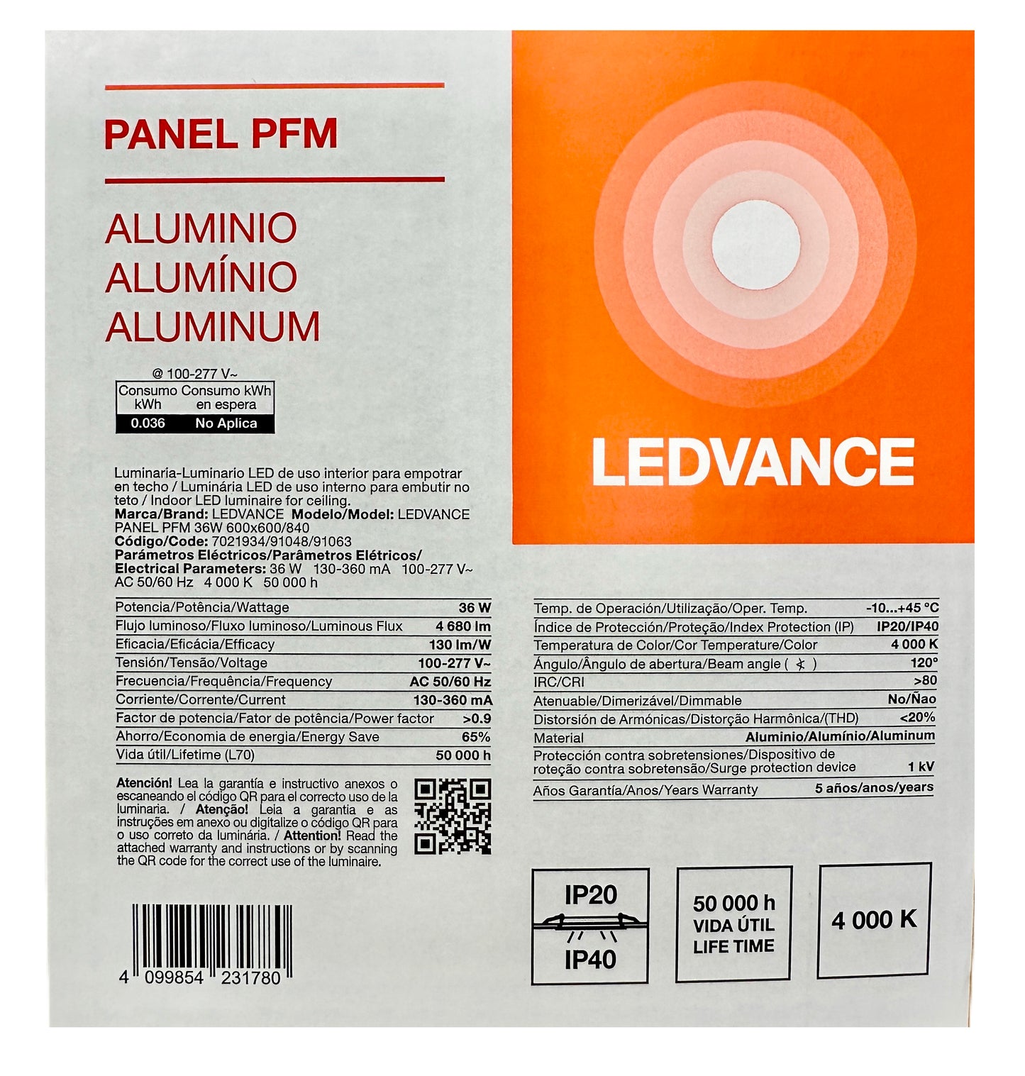 Foco Led Panel PFM 36w 100-277v 60 x 60cm Blanco Neutro 91048 Ledvance