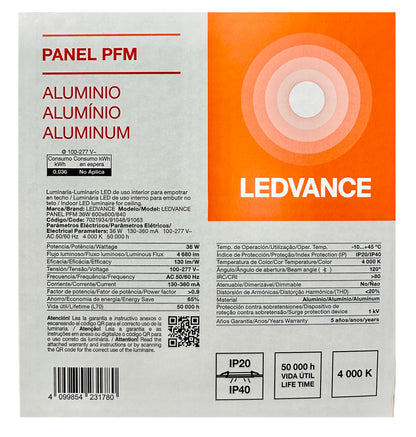 Foco Led Panel PFM 36w 100-277v 60 x 60cm Blanco Neutro 91048 Ledvance