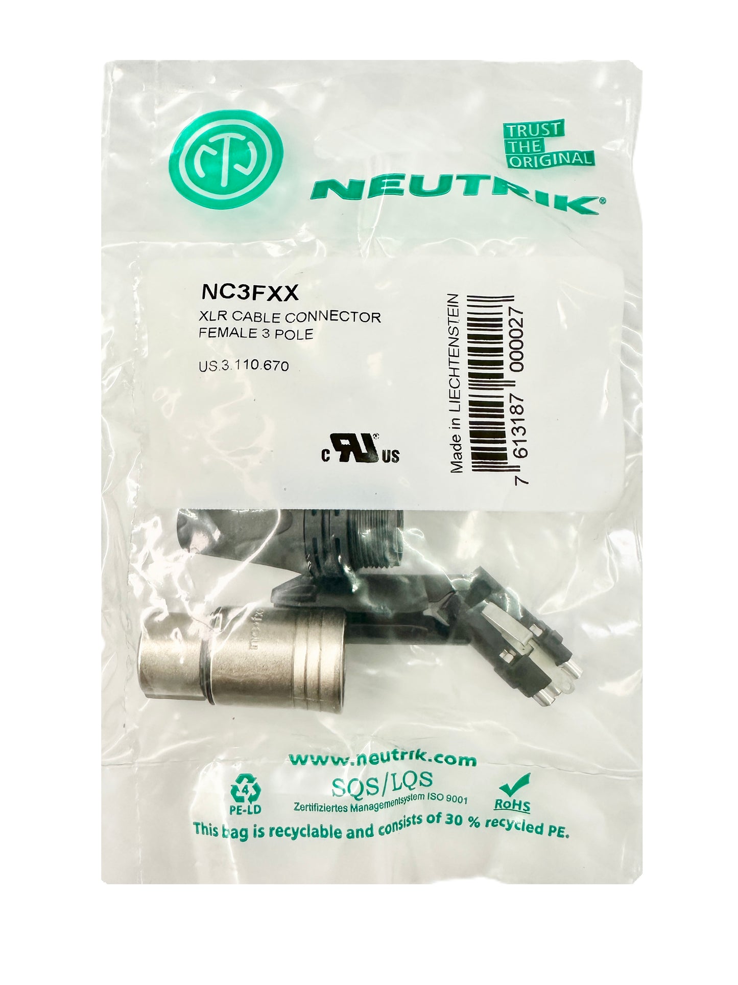 Conector Xlr 3 Pin Hembra Linea Nickel Plata NC3FXX Neutrik