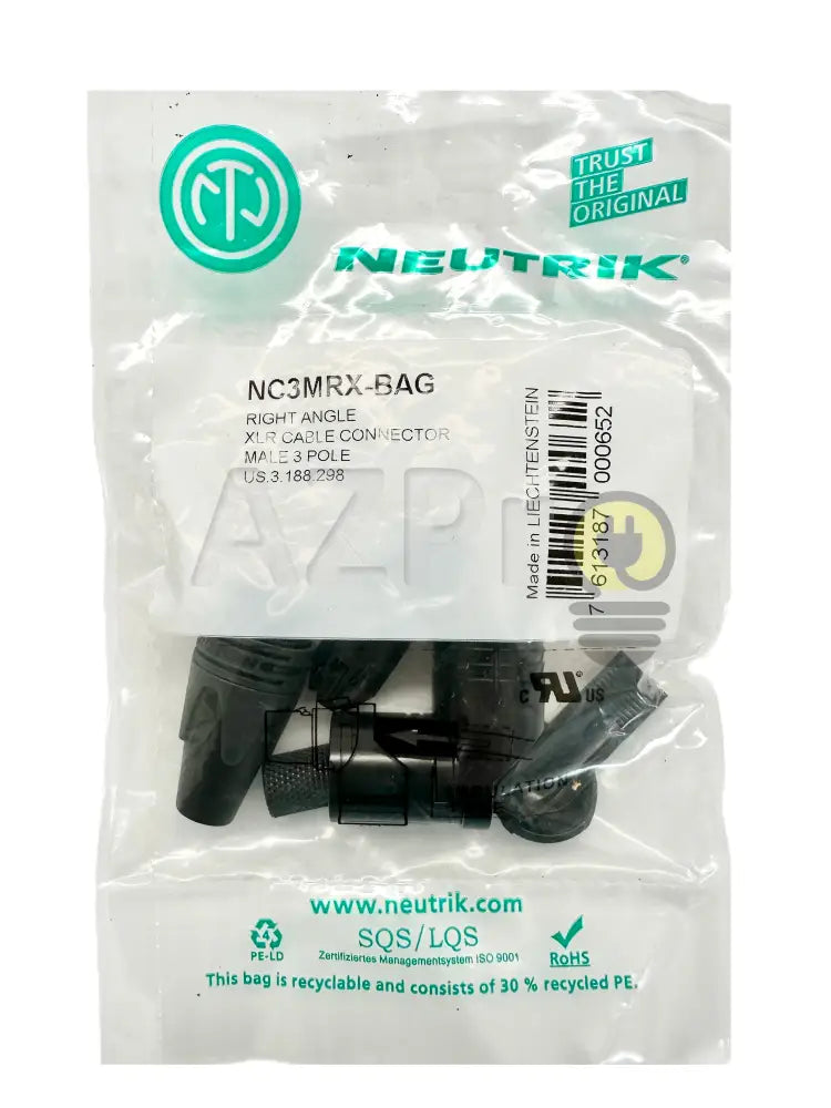 Conector Xlr 3 Pin Macho Linea Angular Negro Plata NC3MRX-BAG Neutrik - Electrónica > Audio > Equipos para escenario