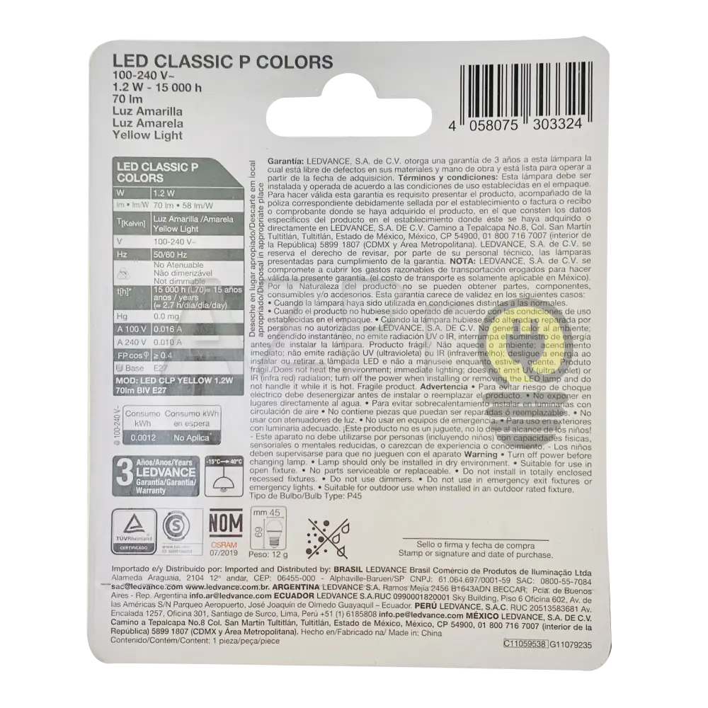 Foco Led Bulb 1.2W 120V E27 Classic P Decorativo Amarillo Osram Casa Y Jardín > Iluminación