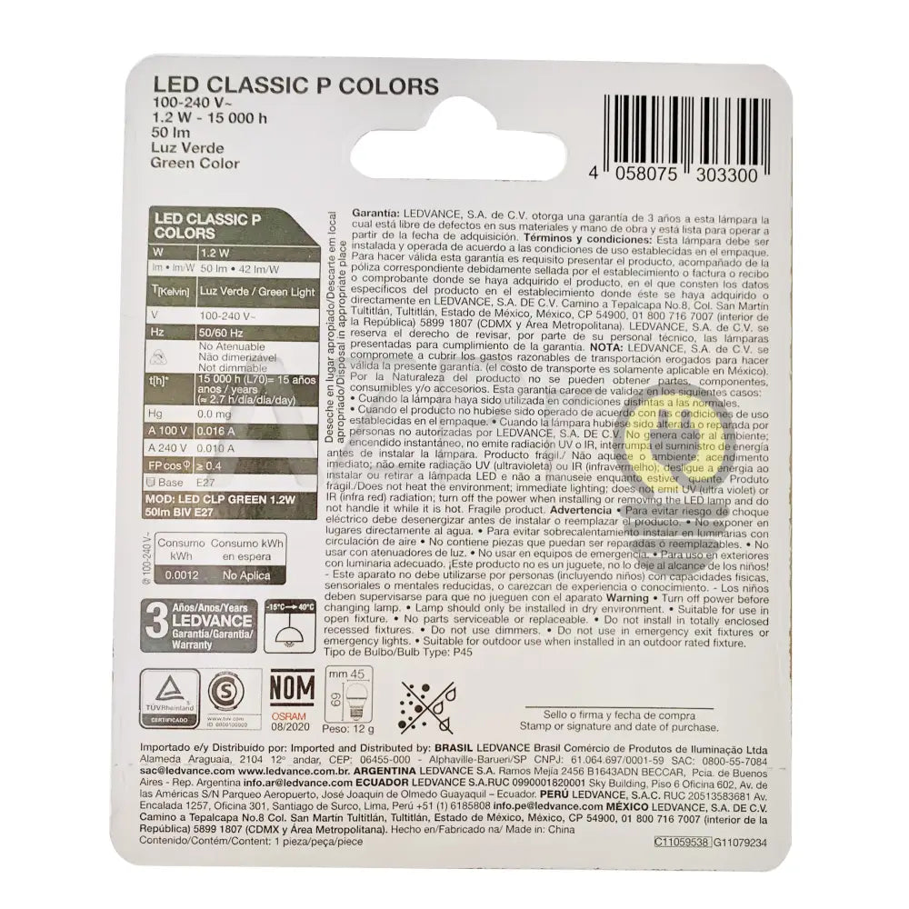 Foco Led Bulb 1.2W 120V E27 Classic P Decorativo Verde Osram Casa Y Jardín > Iluminación Bombillas