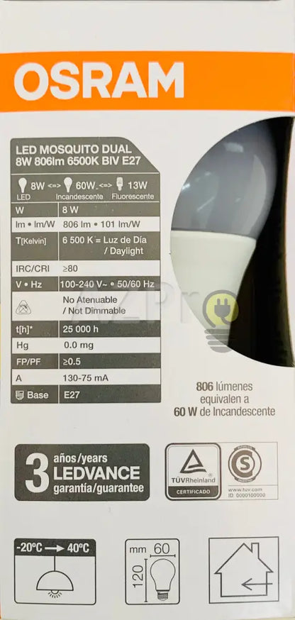 Foco Led Bulb Dual 8W 120V Repelente Mosquito Y Frio Osram Casa Jardín > Iluminación Bombillas Con