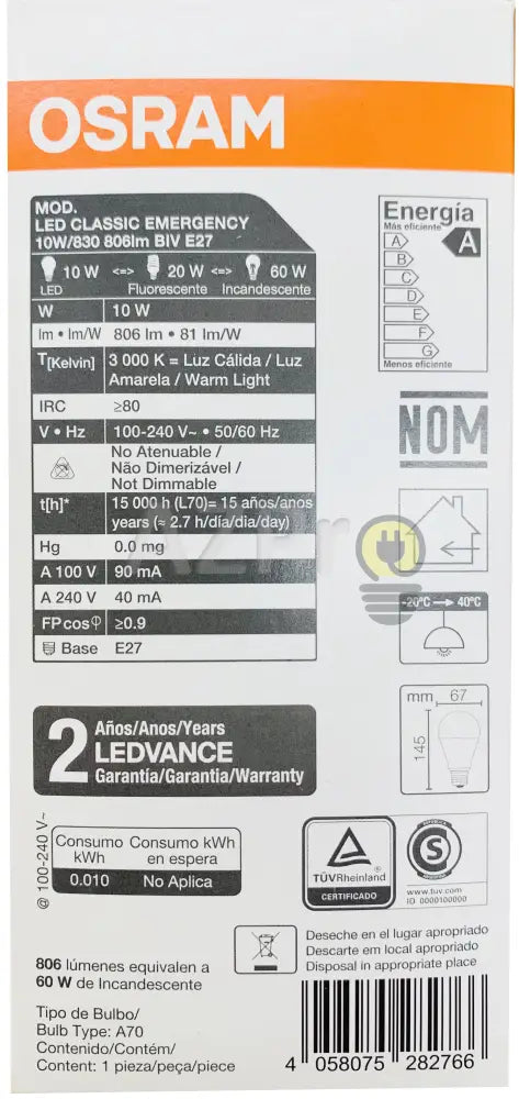 Foco Led Bulb Lampara Emergencia 10W 100-240V Osram Casa Y Jardín > Iluminación Bombillas Con Diodos
