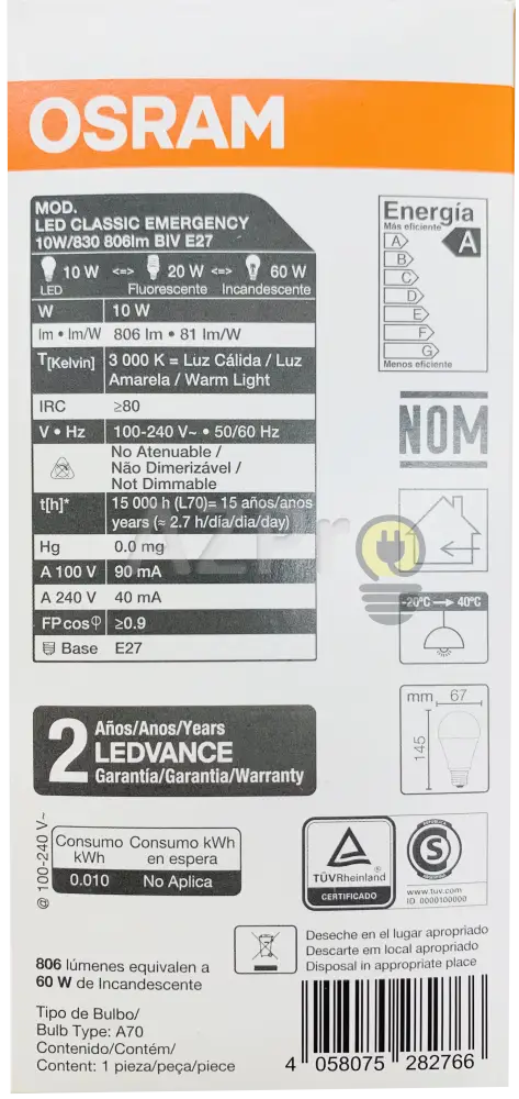 Foco Led Bulb Lampara Emergencia 10W 100-240V Osram Casa Y Jardín > Iluminación Bombillas Con Diodos