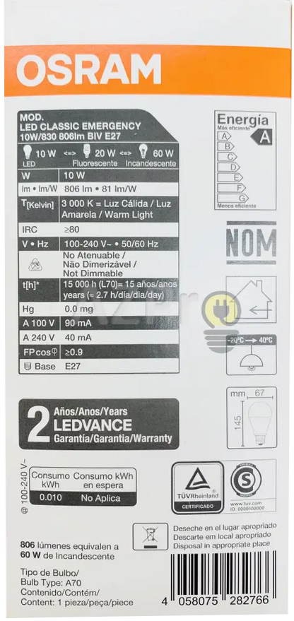 Foco Led Bulb Lampara Emergencia 10W 100-240V Osram Casa Y Jardín > Iluminación Bombillas Con Diodos