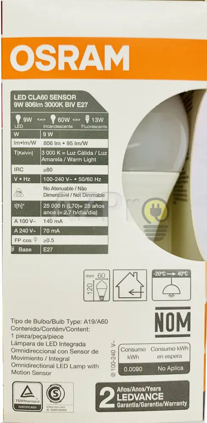 Foco Led Bulb Sensor Movimiento Detector 9W 100-240V Osram Casa Y Jardín > Iluminación Bombillas Con