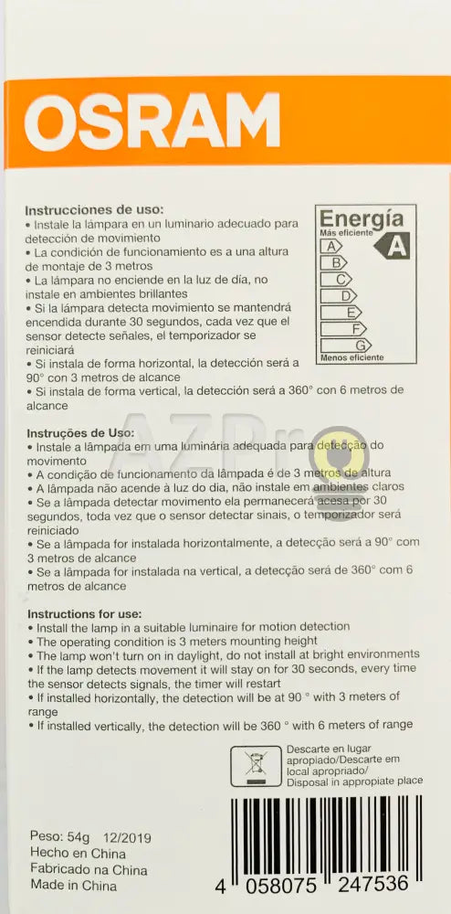 Foco Led Bulb Sensor Movimiento Detector 9W 100-240V 88153 Osram Casa Y Jardín > Iluminación