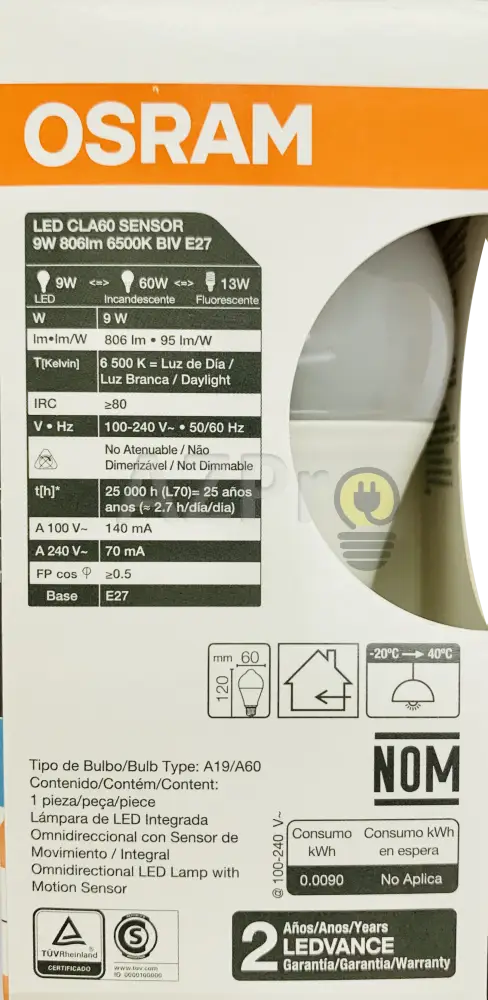 Foco Led Bulb Sensor Movimiento Detector 9W 100-240V 88153 Osram Casa Y Jardín > Iluminación