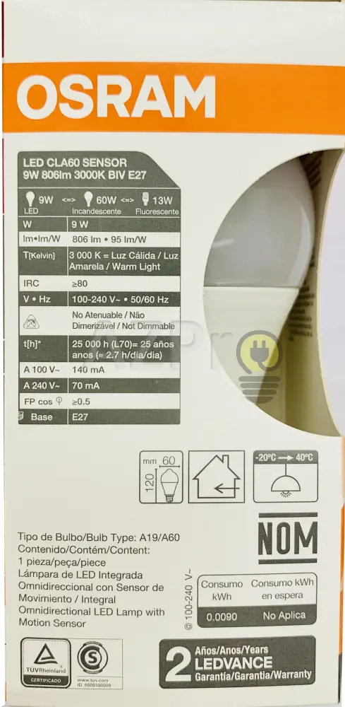 Foco Led Bulb Sensor Movimiento Detector 9W 100-240V Osram Casa Y Jardín > Iluminación Bombillas Con