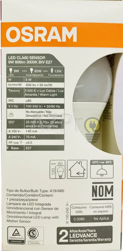 Foco Led Bulb Sensor Movimiento Detector 9W 100-240V Osram Casa Y Jardín > Iluminación Bombillas Con