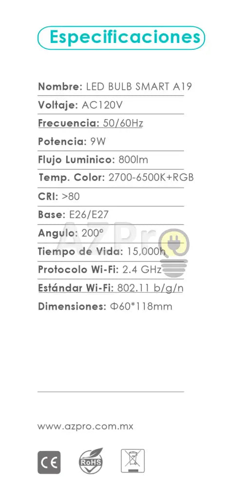 Foco Led Bulbo Inteligente 9W 120V Smart Bulb Rgb Wifi Azpro Casa Y Jardín > Iluminación Bombillas