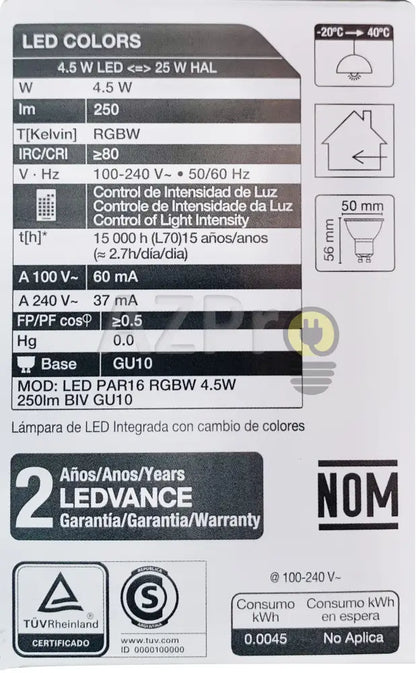 Foco Led Mr16 4.5W 120V Gu10 Rgb Y Control Osram Casa Jardín > Iluminación Bombillas Con Diodos Led