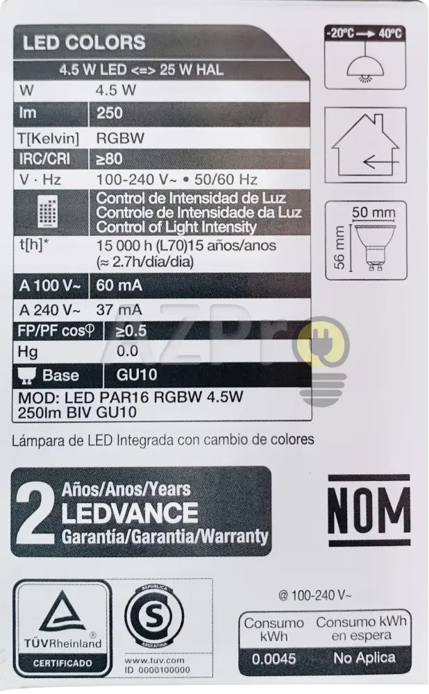 Foco Led Mr16 4.5W 120V Gu10 Rgb Y Control Osram Casa Jardín > Iluminación Bombillas Con Diodos Led