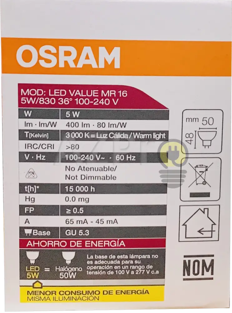 Foco Led Mr16 5W 100-240V 120V Gu5.3 36 Grados Frio Osram Casa Y Jardín > Iluminación Bombillas Con