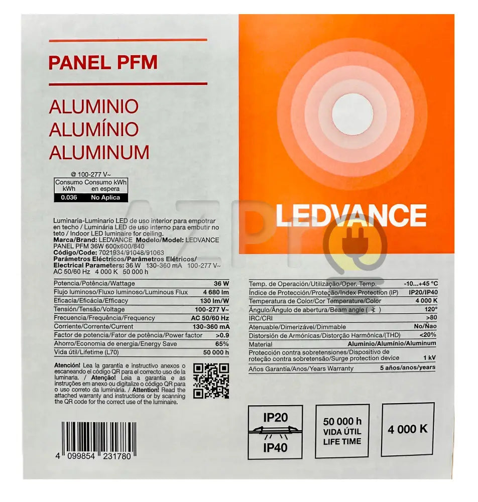 Foco Led Panel PFM 36w 100-277v 60 x 60cm Blanco Neutro 91048 Ledvance - Casa y jardín > Iluminación > Bombillas >