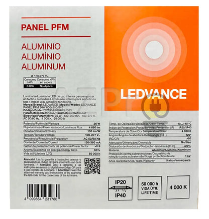 Foco Led Panel PFM 36w 100-277v 60 x 60cm Blanco Neutro 91048 Ledvance - Casa y jardín > Iluminación > Bombillas >