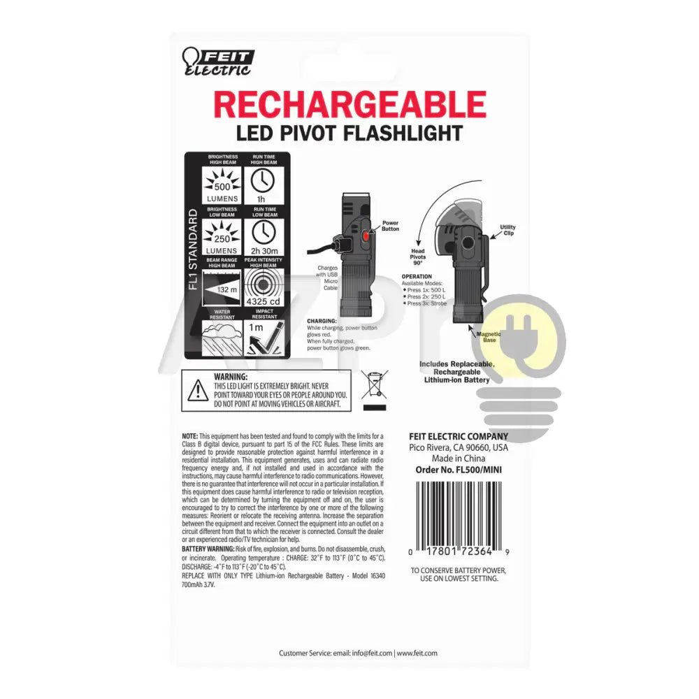Lampara Tactica Led Recargable Linterna 2 intensidades y Estrobo 500 Lumen FL500-MINI Feit Casa y jardín > Iluminación